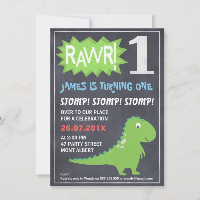 Rawr Dinosaur Chalkboard 1er Invitation anniversai (Devant)