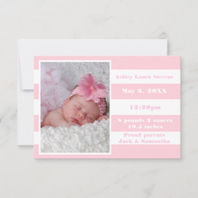 Rayure rose et blanc - Faire-part de naissance 3x5 (Devant)