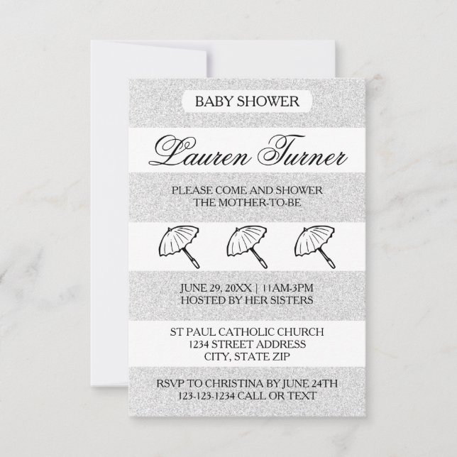 Rayures Argent et Blanc - Invitation Baby Shower 3 (Devant)