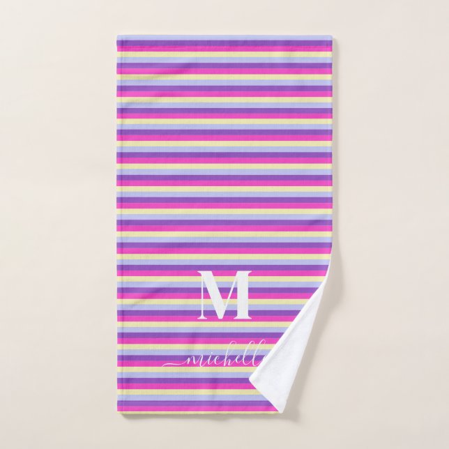 Rayures Colorées avec Monogramme en Écriture  (Serviette à main)