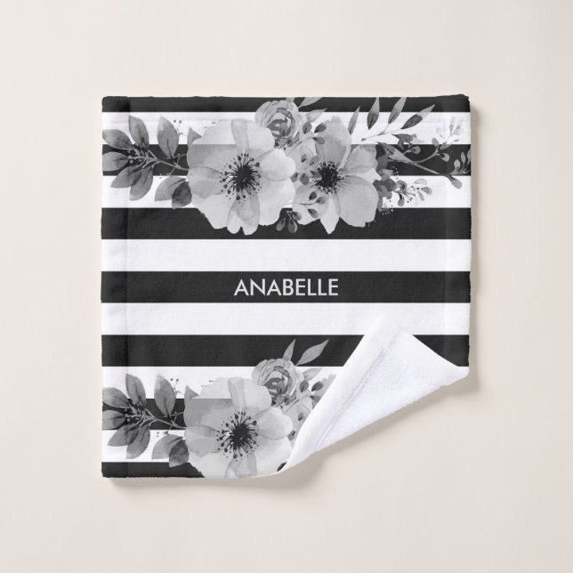 Rayures florales noires et blanches (Gant de toilette)