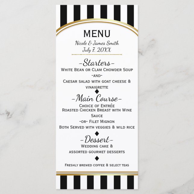 Rayures noires et blanches avec menu élégant en or (Devant)