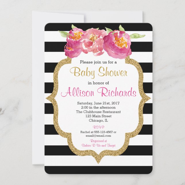 rayures noires et blanches invitation baby shower (Devant)
