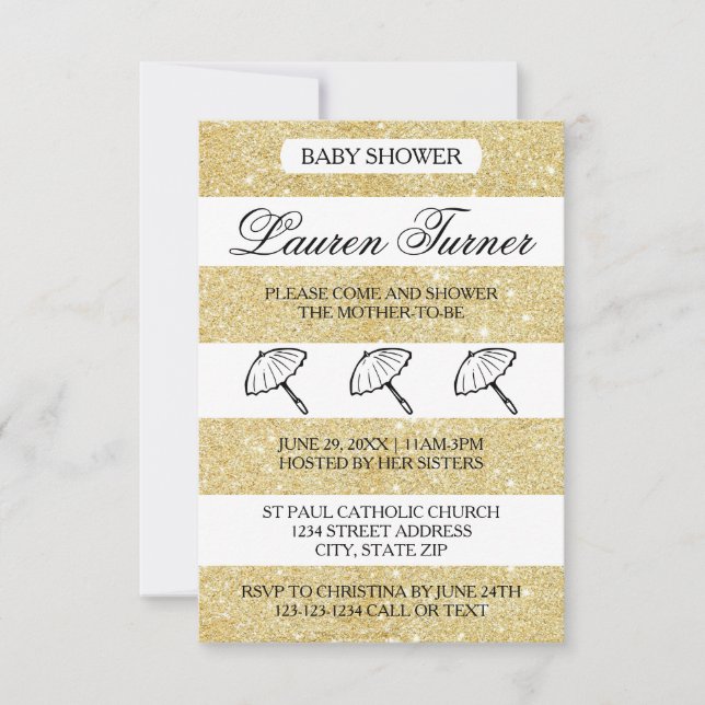Rayures or et blanc - Invitation Baby Shower 3x5 (Devant)