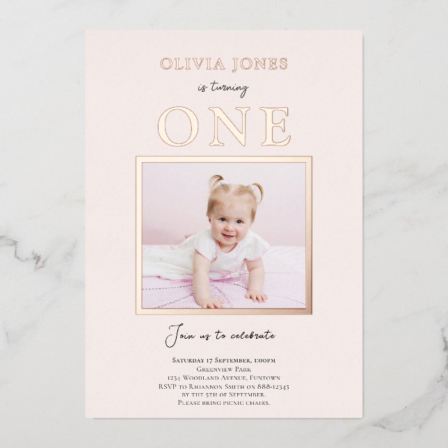 Real Foil, Photo 1er Anniversaire invitation en ro (Recto)