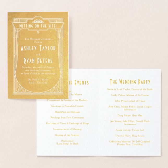 Real Gold Foil Art Déco Programme de mariage (Affichage)