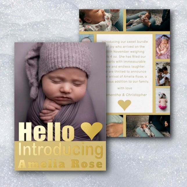 Real Gold Photo Collage Hello Baby Faire-part (Créateur téléchargé)