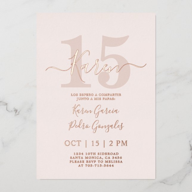 Real Rose Gold feuille Quinceañera Invitation (Recto)