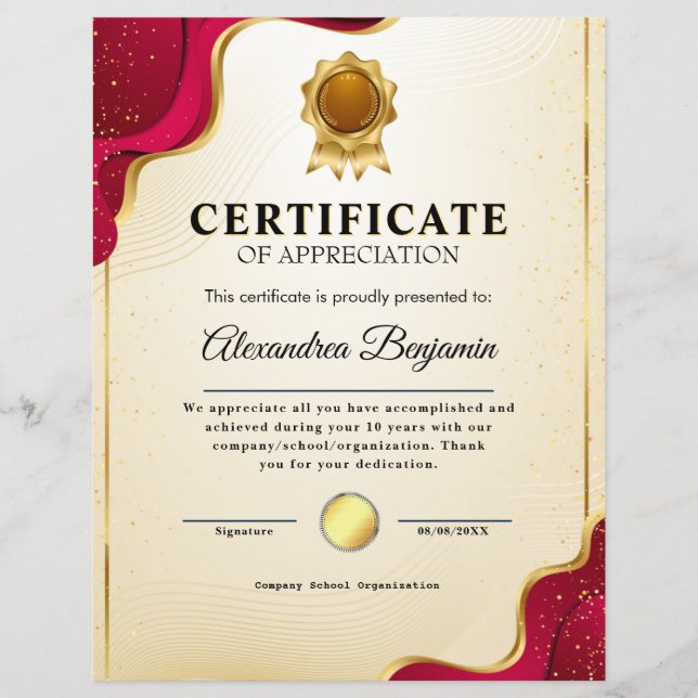 Réalisation Apprécier Gold Blue Certificat (Devant)