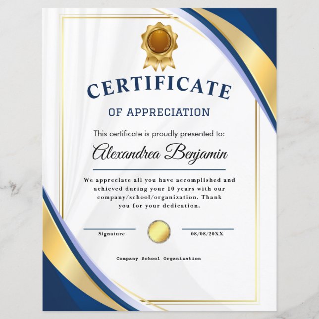Réalisation Apprécier Gold Blue Certificat (Devant)