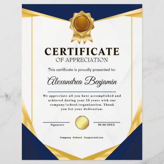 Réalisation Apprécier Gold Blue Certificat (Devant)