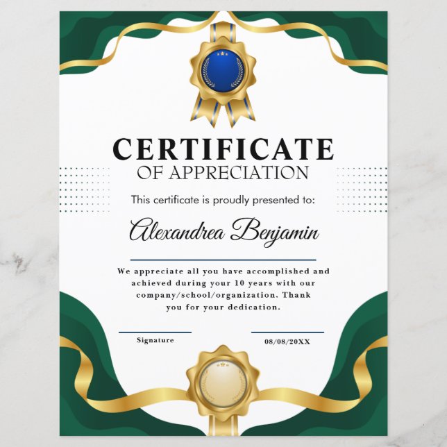 Réalisation Apprécier Gold Blue Certificat (Devant)