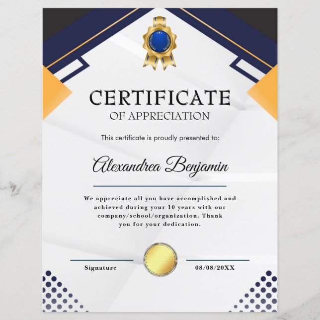 Réalisation Apprécier Gold Blue Certificat (Devant)