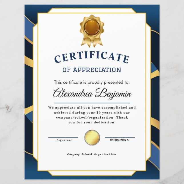Réalisation Apprécier Gold Blue Certificat (Devant)