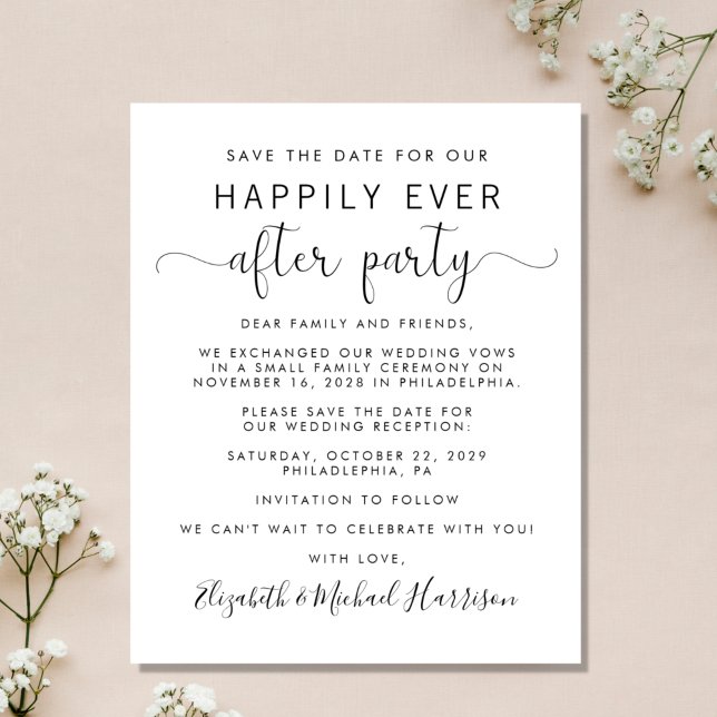 Réception de mariage budgétaire Enregistrer la dat (A stylish save the date announcement for a reception to celebrate your elopement or private wedding)