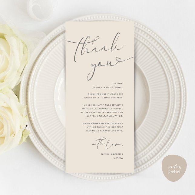 Réception de mariage romantique moderne Carte de r (Modern Romantic Wedding Reception Dinner Thank You Card in Cream Grey)