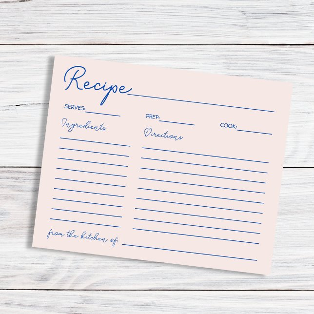 Recette Bleue Chic manuscrite Pour La Mariée (Handwritten Chic Blue Recipe For The Bride)