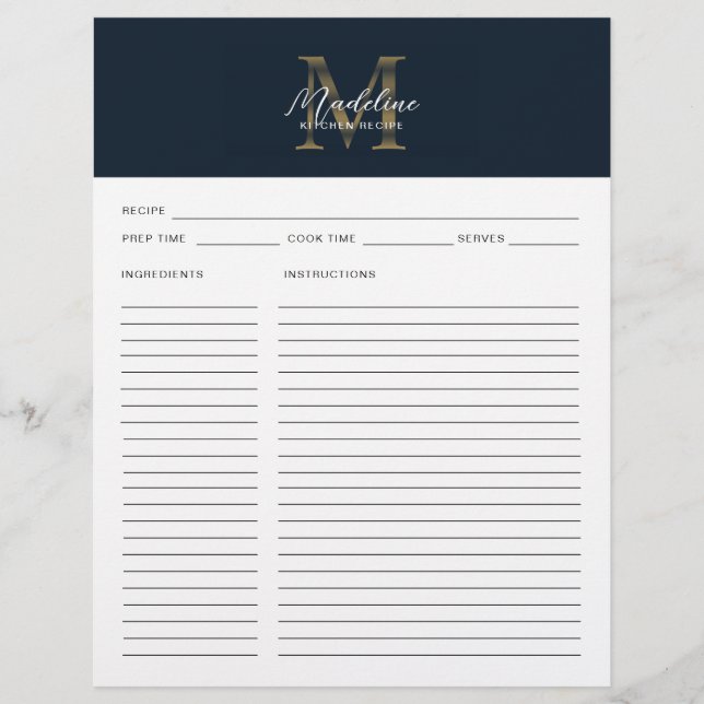Recette de monogramme en or métallisé bleu marine  (Devant)