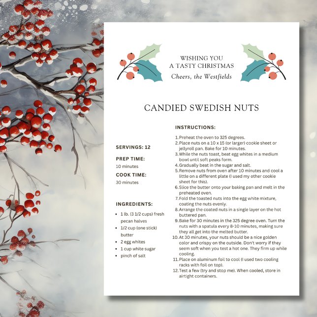 Recette de Noix Suédoises Carte de Noël (Wishing You a Tasty Christmas Holly and Red Berries Candied Swedish Nuts Recipe Card)