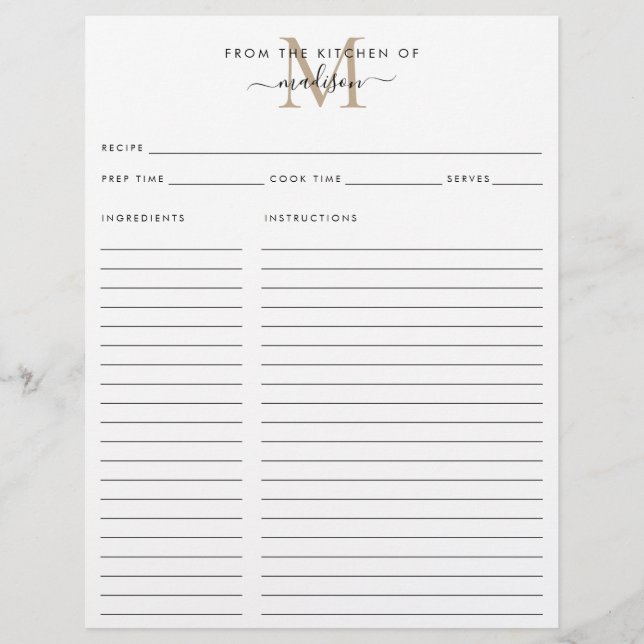 Recette élégante du monogramme en or de la cuisine (Devant)