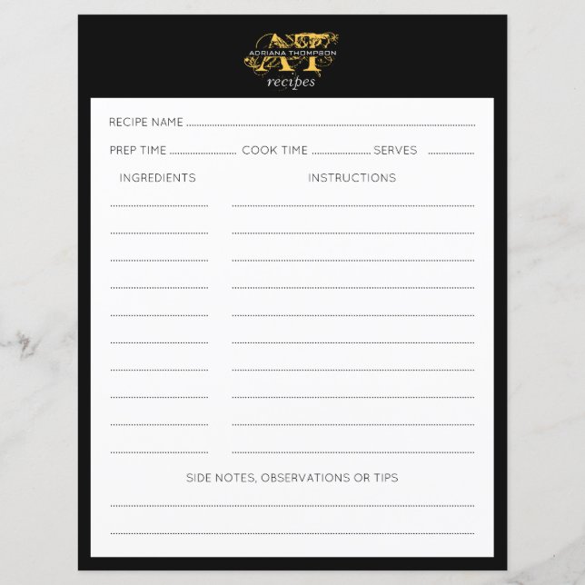 Recette moderne en noir et or noir et or Monogramm (Dos)