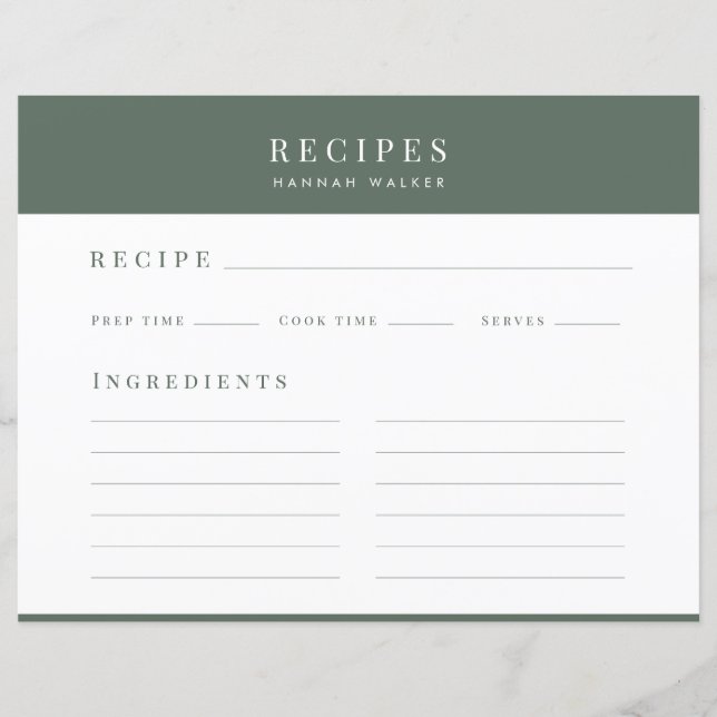 Recettes | Carte de recette verte minimale élégant (Devant)