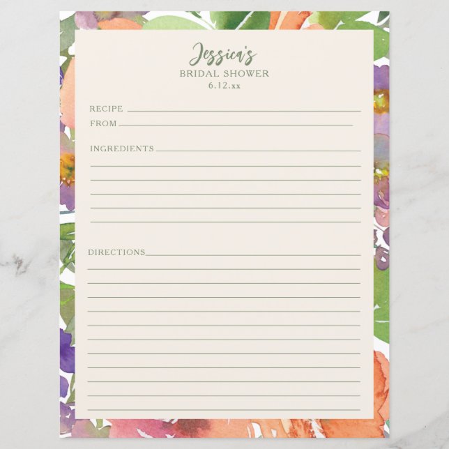 Recettes de Fête de Mariage Floral Aquarelle Minim (Devant)