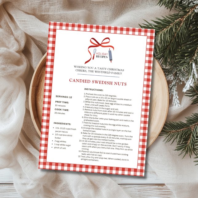 Recettes de vacances Suédoise Noix Carte de Noël (Candied Swedish Nuts Red Check Buffalo Plaid Holiday Recipe Christmas Card)