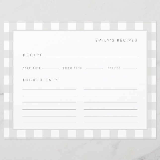 Recettes En vichy Motif Gris et blanc Recette Card (Devant)
