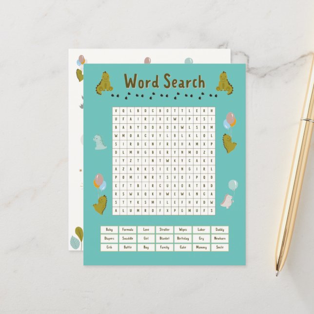 Recherche de mots Baby shower Dinosaur (Devant/Arrière en situation)