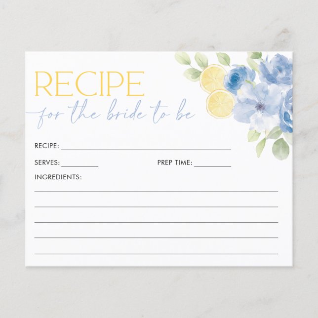 Recipe Card Main Squeeze Blue Citrus Bridal Shower (Devant)
