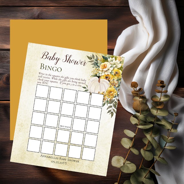 Récolte citrouille | Bingo Baby shower Floral Or (White Pumpkin and Gold Floral Baby Shower Bingo Game Print Only - Little Pumpkin Collection)