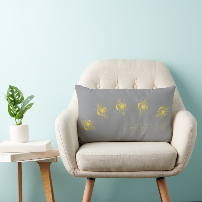 Rectangle Abeilles jaunes Gris Lumbar Coussin (Chaise)