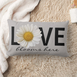 Rectangle Amour Blooms Ici Blanc Daisy Grey Lumbar Coussin