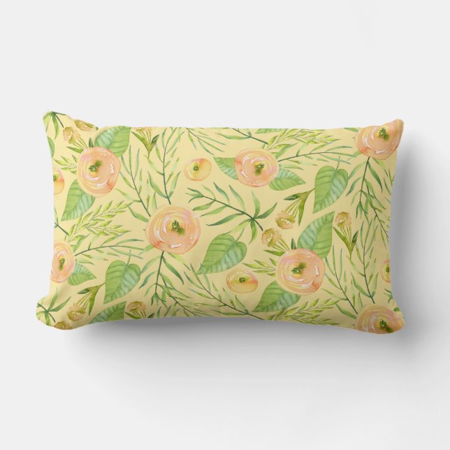 Rectangle Apricot Peony Floral Watercolor Coussin Lumbar (Recto)