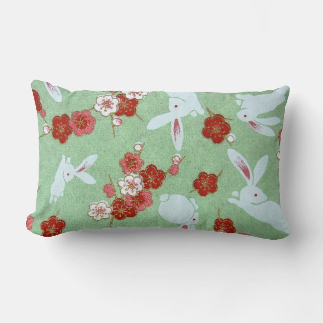 Rectangle Art japonais - Sakuras et lapins Lumbar Coussin (Recto)