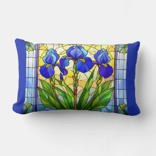 Rectangle Bleu artistique Iris Floral Lumbar Coussin