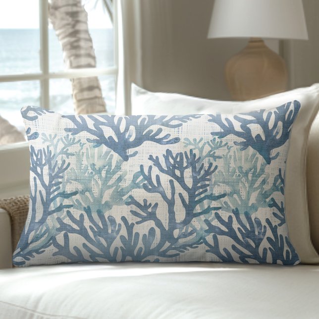 Rectangle Bleu et blanc Coral Lumbar Coussin (Créateur téléchargé)
