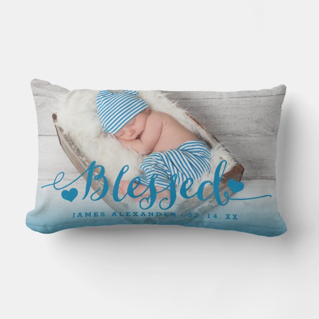 Rectangle Blue Baby Birth Photo Keepsaké Coussin (Recto)
