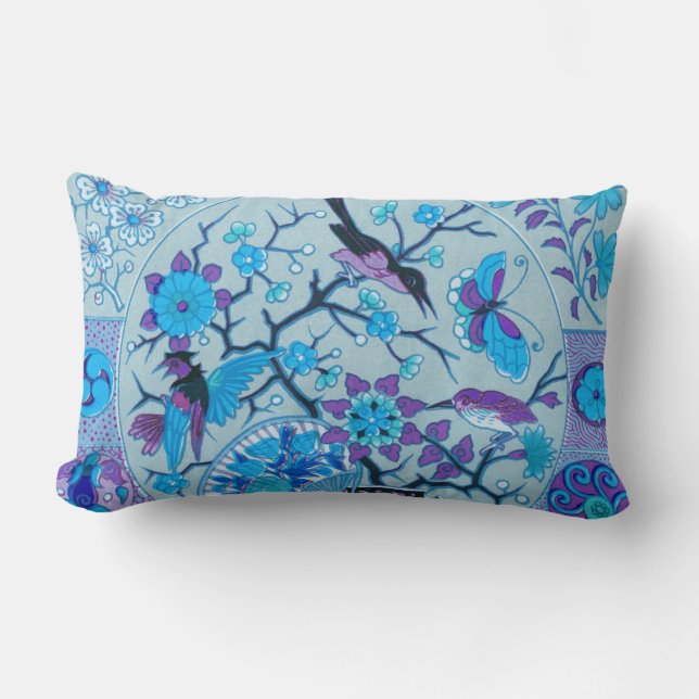 Rectangle Blue Birds et papillons Blue Lumbar Coussin (Recto)