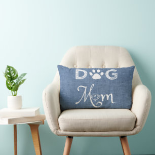 Rectangle Blue Burlap Chien Maman Lumbar Coussin