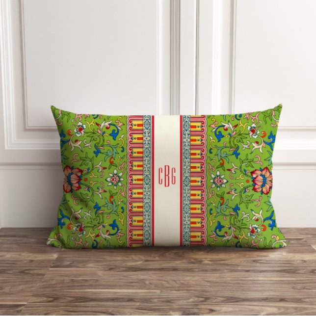 Rectangle Chinoiserie verte classique Coussin avec Monogramm (Créateur téléchargé)