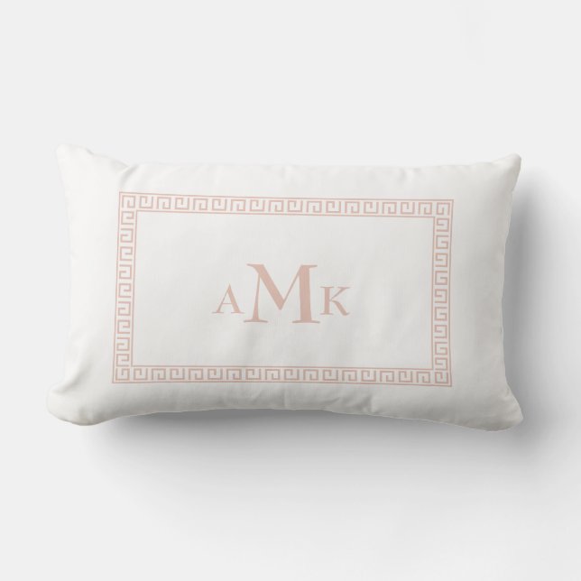 Rectangle Clé grecque rose pâle Monogramme Coussin Lumbar (Recto)