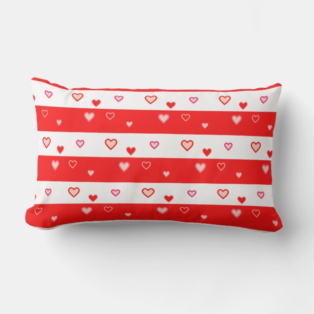 Rectangle Cœurs sur Coussin Lombaire à Rayures Rouges et Bla (Recto)