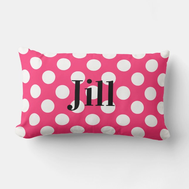 Rectangle Coussin à points polka rose et blanc avec nom (Recto)