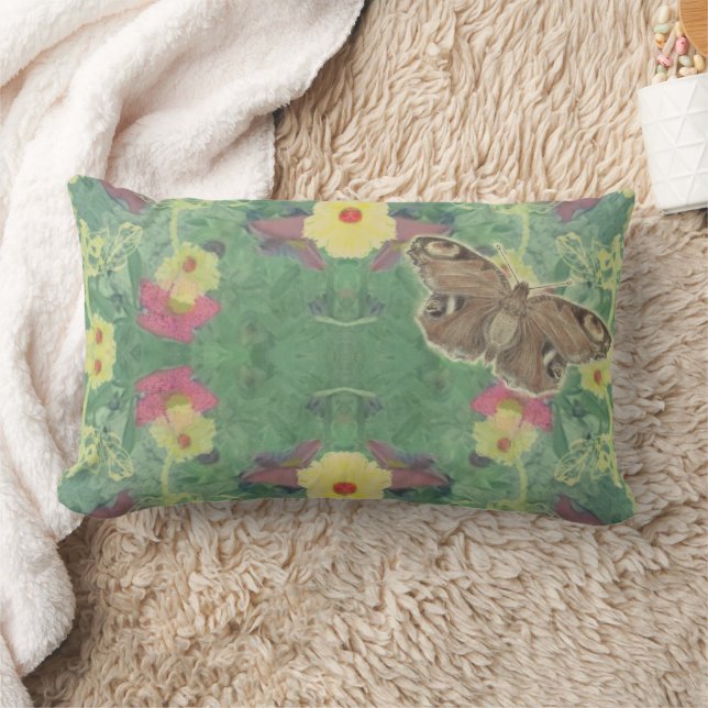 Rectangle Coussin d'accentuation du papillon floral vert (Couverture)