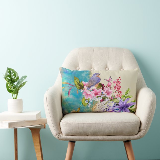 Rectangle Coussin de bois d'oiseaux et de fleurs (Chaise)