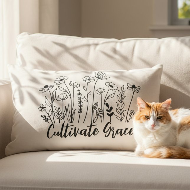 Rectangle Coussin de décoration Inspirant - Cultivez la Grâc (Inspirational black line art wildflower pillow)