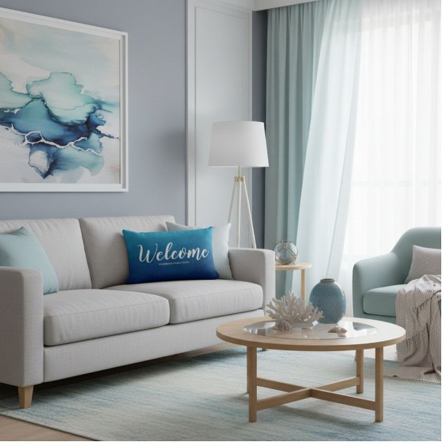 Rectangle Coussin de jet bleu marine bienvenue été (Créateur téléchargé)