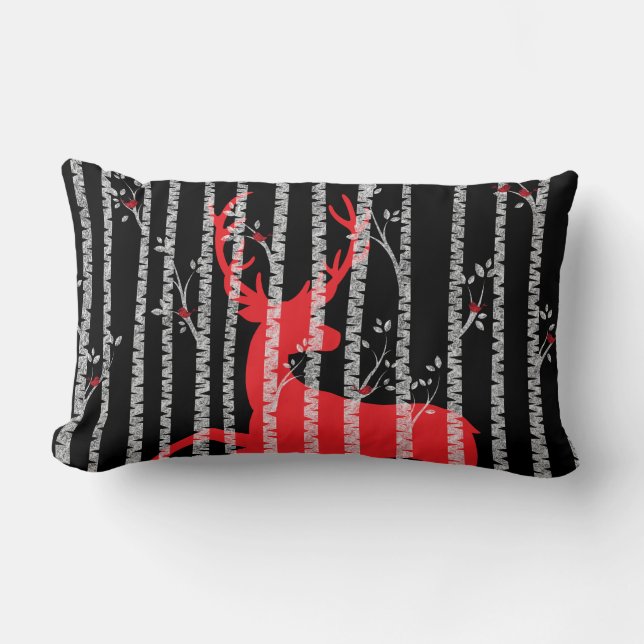 Rectangle Coussin de la forêt de Birch Noir et Rouge (Recto)